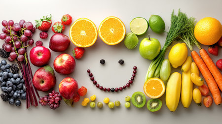 Fruits and vegetables are artistically arranged to create a smiling face, highlighting the importance of nutrition and encouraging healthy eating habits.の素材