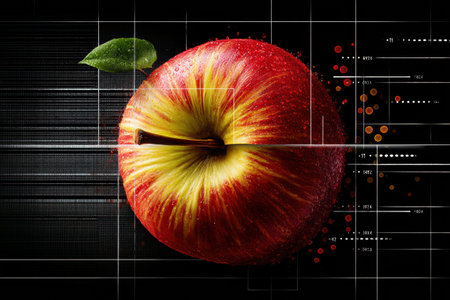Close-up view of an apple slice combined with a digital overlay illustrating vitamin points and a grid, representing smart nutrition and modern dietary choices.の素材