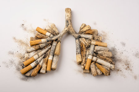 Conglomeration of cigarette butts and ash forms an abstract lung shape, highlighting the destructive effects of smoking on respiratory health and living beings.の素材