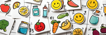 Vibrant calendar with smiley face stickers promotes wellness and positivity through healthy habits like fruits and vegetables.の素材