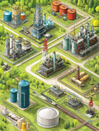 Visual representation of refinery infrastructure showcasing multiple facilities, tanks, and pipelines in a modern style surrounded by greenery.の素材