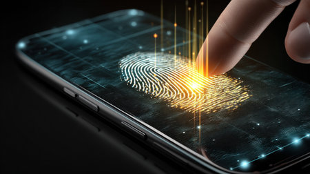 In a dark space, a hand is reaching out to touch a smartphone that shows an illuminated biometric fingerprint scanner, highlighting tech integration.の素材