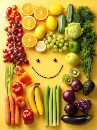 Colorful fruits and vegetables are artistically arranged in the shape of a smiling face against a vibrant yellow background, highlighting nutrition and wellness.の素材