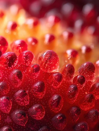Close-up of strawberry seeds showcases the vibrant red tones and unique texture, highlighting the natural beauty and details of this delicious fruitの素材