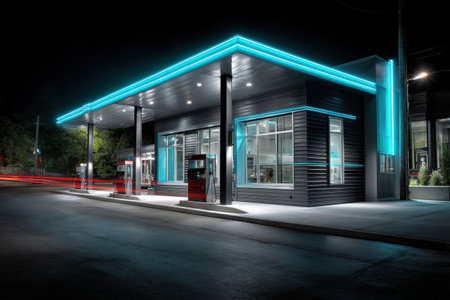 Gas station with minimal design and glowing neon accents invites customers at night in a bustling urban environment. Bright lights enhance its modern appeal.の素材
