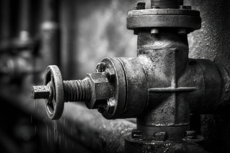 Close-up of a valve under pressure in monochrome, highlighting the intricate details of its structure and the dynamic force of water flow at an industrial siteの素材