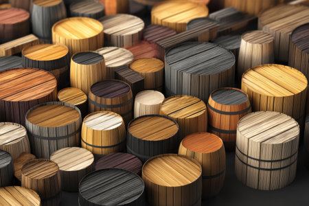 Stacked wooden barrels of various sizes and colors create a visually striking pattern that highlights craftsmanship and natural materials.の素材