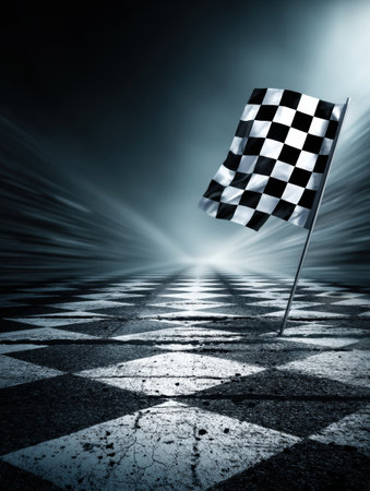 In a minimalistic design, a checkerboard flag stands at the finish line, surrounded by blurred motion indicating high speed and excitement in racing.の素材