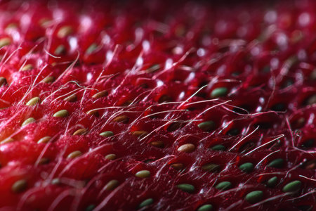 Bright red strawberry texture reveals intricate details of seeds and fine hairs, illustrating the fruits natural beauty and vibrant appeal.の素材