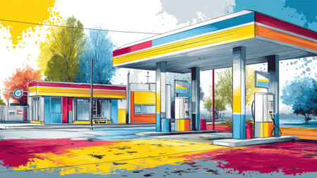 Colorful fuel station exuding a pop-art vibe, showcasing bright primary colors against a clear sky with surrounding trees in a lively urban landscapeの素材