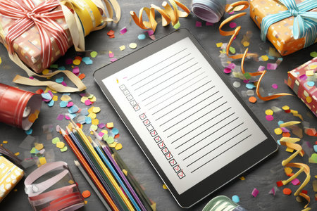 A tablet displays a healthy checklist, complemented by colorful confetti and decorative gifts, creating a lively atmosphere for a celebration.の素材