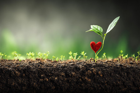 A vibrant heart-shaped plant grows from rich soil under warm sunshine, representing the connection between health and growth in nature, showing resilience.の素材