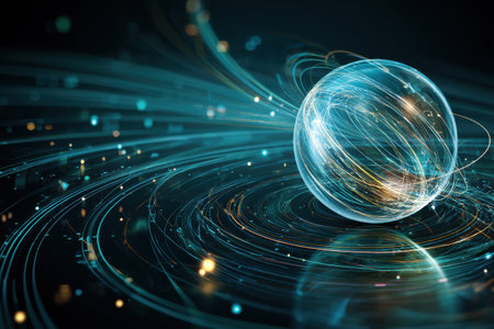 An AI orb levitates in a dark environment, enveloped in an energetic field with dynamic data swirling around, creating a captivating visual experience.の素材