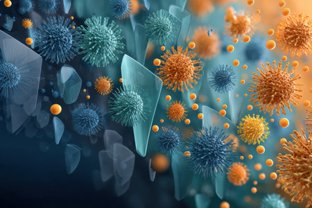 Vibrant illustration of a healthy immune system with colorful shields and diverse microbes defending against pathogens.の素材