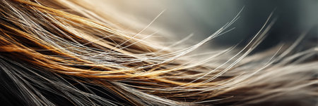 Detailed focus on hair strands with highlights reveals delicate textures and shimmering effects against a gently blurred backdrop, enhancing their beauty.の素材