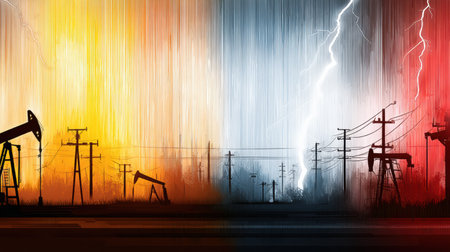 A striking visual contrasts oil extraction against electric energy, showcasing vibrant colors, power lines, and dynamic elements reflecting the energy debate.の素材
