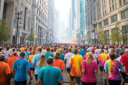 Participants in brightly colored shirts run together through city streets, flanked by towering buildings and a lively atmosphere on a sunny day.の素材