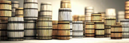 Barrels of varying sizes are arranged neatly with a geometric pattern, showing a blend of wood tones against a soft neutral background in a storage area.の素材