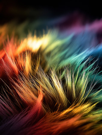 Soft and colorful furry fabric displayed under dramatic rainbow lighting highlights intricate textures and a captivating spectrum of hues.の素材