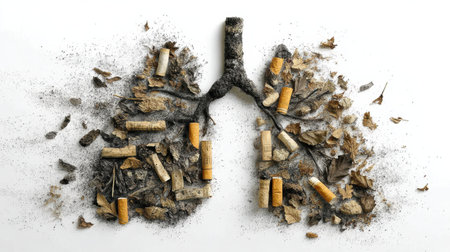 Abstract lungs crafted from cigarette butts and ash symbolize the deterioration of health and the environmental hazards associated with smoking.の素材