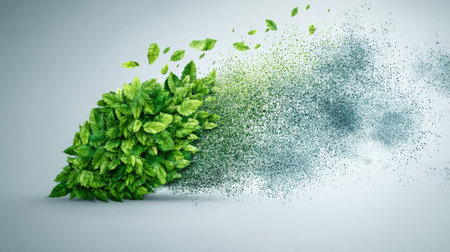 Symbolic no-smoking sign crafted from vibrant leaves and clean air particles emphasizes the importance of protecting nature and promoting healthier environmentsの素材