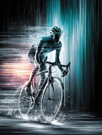 A cyclist adopts an aerodynamic position while racing against a vivid high-contrast background, emanating a strong sense of speed and energy.の素材
