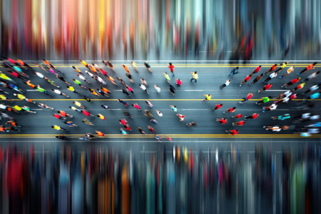 Colorful runners participate in a city marathon, creating dynamic motion blur trails as they race down the street, showing the energy of the event.の素材