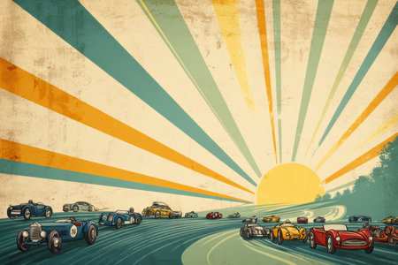 Retro racing event features classic cars speeding along a track with bold colors, capturing the essence of competitive spirit and nostalgia.の素材