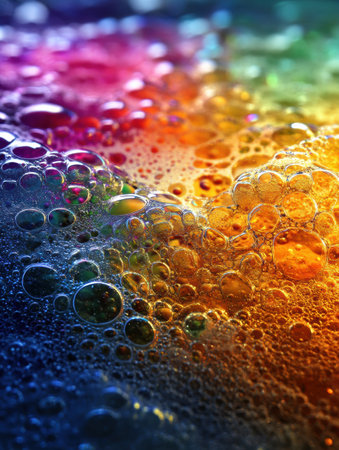 Vibrant soap foam displays a mesmerizing array of colors from reflected light, highlighting bubbles and surface patterns in intricate detail.の素材