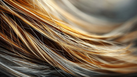Close-up focus on strands of hair featuring various highlights gently illuminated, creating a soft and delicate atmosphere in the background.の素材