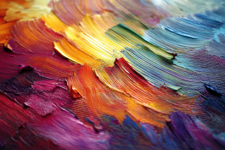 Close-up view of vibrant brush strokes filled with bold acrylic colors, capturing the dynamic texture and intricacies of the artistic process at play.の素材