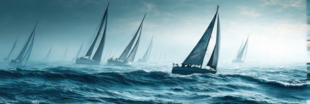 Sailboats navigate the windy ocean, their sails billowing against the backdrop of a minimalistic blue and white palette, creating a serene race atmosphere.の素材