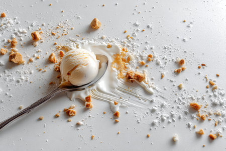 Creamy ice cream melts on a flat white surface with a spoon and pieces of cookie crumbs creating a delightful mess.の素材