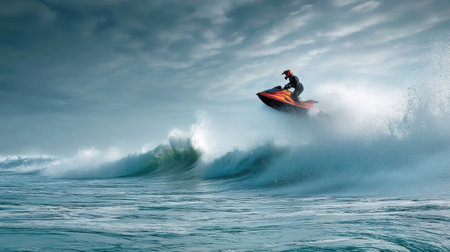 A skilled rider jumps a jet ski above a crashing wave, creating dynamic splashes and speed lines in a stunning coastal environment on a clear day.の素材
