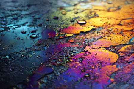 This macro composition features the intricate texture of crude oil, showing colorful rainbow highlights and reflections that create a dynamic visual effect.の素材