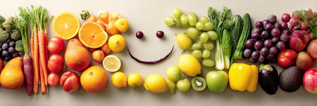 A vibrant arrangement of fruits and veggies forms a smiling face, promoting healthy eating in a cheerful setting.の素材