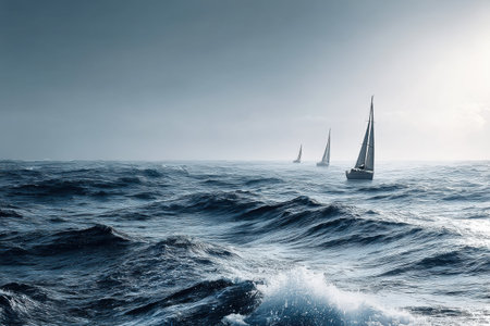 Windy conditions propel sailboats racing across rolling ocean waves, with a serene white-blue color palette enhancing the tranquil atmosphere.の素材
