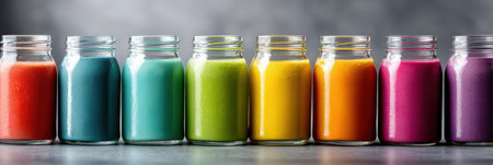 Bright and colorful rainbow smoothies are neatly lined up in a clean, modern studio, showing a variety of healthy ingredients and appealing colors.の素材
