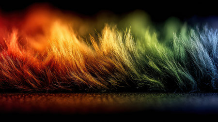 Close-up of colorful furry fabric showing a stunning array of rainbow hues with a soft texture and dynamic lighting effect that draws the eye.の素材