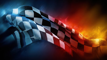 A striking checkered flag glows vividly against a dynamic gradient background, creating an energetic atmosphere evocative of racing and competition.の素材