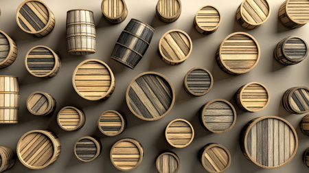 Wooden barrels are stacked in a geometric design, showing varying sizes and shapes against a simple neutral backdrop, enhancing their natural texture.の素材