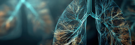 Detailed medical illustration shows lungs with cracks and smoke veins, emphasizing the impact of environmental factors on respiratory health.の素材