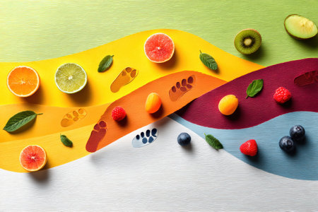 Brightly colored footprints shaped like fruit navigate a playful path, symbolizing a journey towards wellness and healthy eating habits.の素材