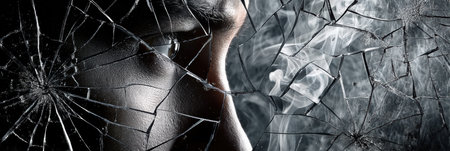 A cracked mirror reflects a face smoking, symbolizing the destruction of identity and the complexity of internal struggles during a quiet moment.の素材