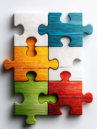 Colorful puzzle pieces are interlocked, showcasing a blend of vibrant colors that symbolize unity and collaboration in a teamwork activity at a workshopの素材