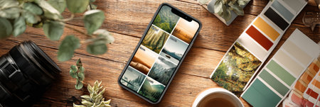 A smartphone shows a creative photo editing interface, surrounded by design palettes, camera equipment, and a cup of coffee on a wooden desk.の素材