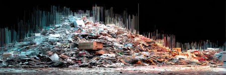 Glitch art effect transforms a large pile of trash into a visual representation of digital pollution, emphasizing the critical issue of waste management.の素材