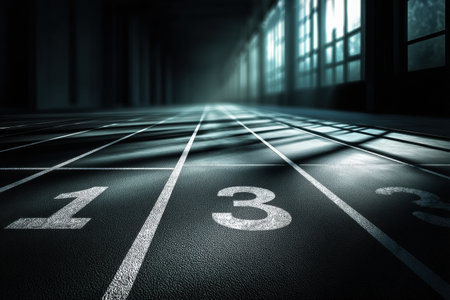Track lanes with numbers one to three are visible, illuminated by soft light and accompanied by gentle shadows in a spacious indoor environment.の素材