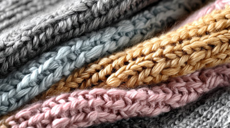 Close-up view of soft, knitted wool textures in pastel shades, ideal for adding warmth and comfort to winter wear and cozy home spaces.の素材