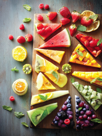 A variety of fresh fruits sliced and displayed on a wooden board create a cheerful atmosphere enhanced by playful garnishes and healthy vibes.の素材